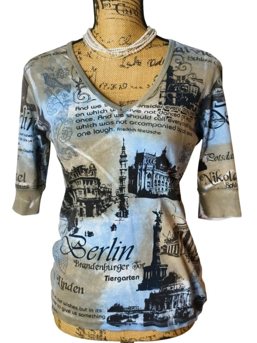 Glima Womens M Vtg Y2K Top Berlin-Inspired V-Neck 3/4 Sleeves 90's Cotton USA